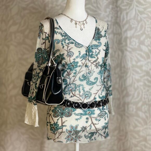 Talia Kume Green & White Paisley Mesh Sheer Henley Top Whimsygoth Grunge Size 8 - Picture 1 of 8